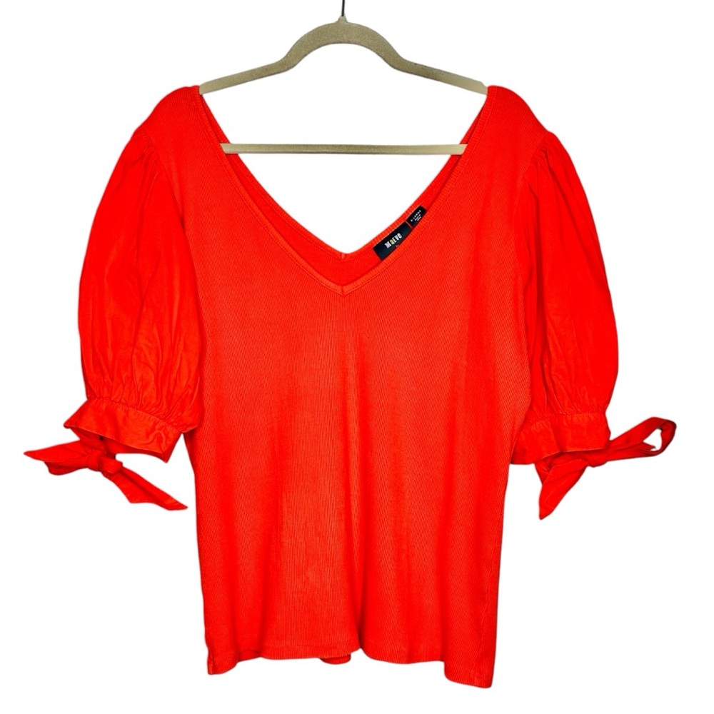 Anthropologie Maeve Puff Sleeve Ribbed Top Size XL Double V-neck Vivid Orange